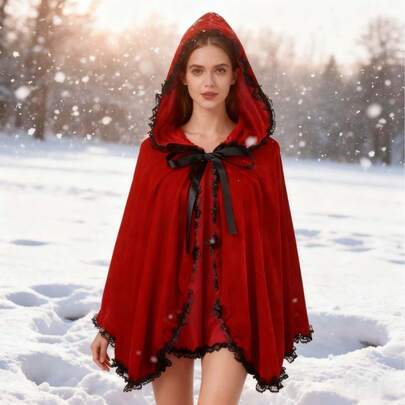 1-delig Roodkapje-kostuum - Rode cape met capuchon en kanten rand voor Halloween en Kerstmis, klassieke sprookjesoutfit
