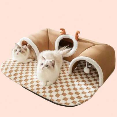 多猫室内猫隧道床，适合小型猫咪，包含球形玩具，可拆卸可水洗，适合小型猫咪和兔子，多功能猫隧道，冬季躲藏和睡觉的理想场所。