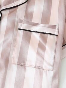 2pcs Satin Striped Short Sleeve Collared Top And Bow Tie Striped Shorts Pajama Set For Women, Summer - Grey - View 4