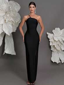 Vestido ajustado de punto con un hombro, con abertura alta sexy, adecuado para reuniones familiares, fiestas, banquetes y ocasiones formales, elegante - Negro - Ver 2