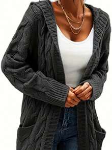 Long Hooded Cable Knit Cardigan For Women With Pockets Casual Elegant Knitted Fabric Sweater - 黑色 - 查看 5