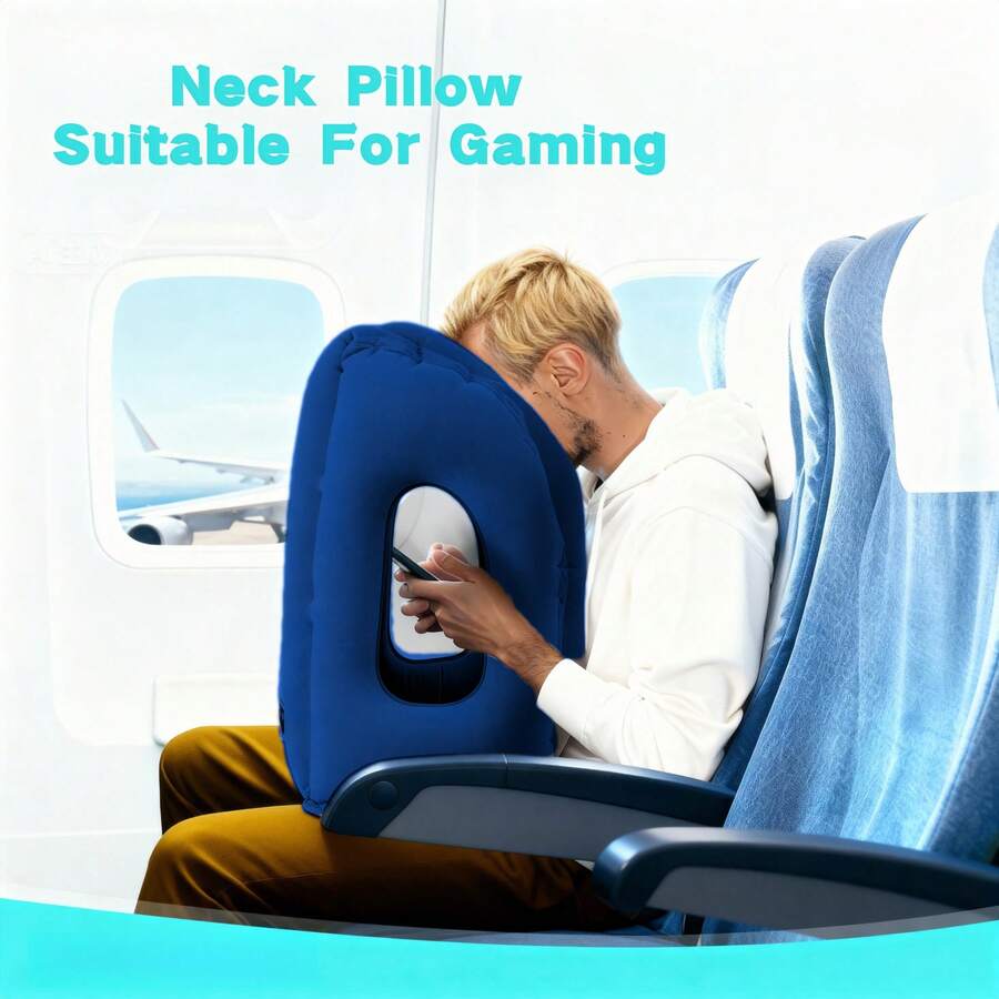 Neck Pillow Suitable For Gaming,Airplane Inflatable Travel Pillow, Travel Essential, Suitable For Long-Distance Flights, Cars, Buses, Trains, Office Naps, Comfortable Support For The Head And Neck, Small Size And Foldable, Suitable For Gifts - Blue - View 1
