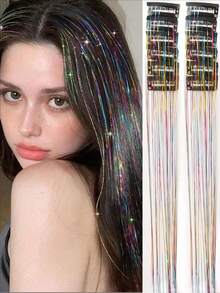 12 Pieces Clip-In Medium Straight Hair Synthetic Hair Clips, Fashion Party Christmas Gift Girls Blonde Hair Silk Hair Clips, Colorful Glitter Hair Clips, Dazzling Hair Accessories For Holiday Gift Party With Family And Friends.Bridal Veil, Valentine's Day Hair Accessories For Couples, Y2K Women's Hair Accessories - Multicolor - View 7