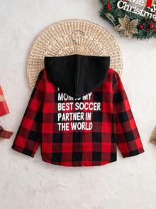 男童运动套装，复古格子图案，防皱连帽衫+多口袋工装牛仔裤，休闲儿童装，百搭单品 - 紅色 - 查看 4