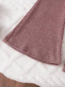 2pcs/Set Young Girl Brown Floral Trim Long Sleeve Sweatshirt And Flared Pants, Autumn/Winter - Brown - View 6