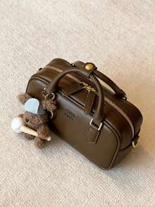 Comes With Doll Pendant, Textured Crossbody Women's Bag, Autumn/Winter New Style, Large Capacity Boston Mom Bag, All-Season Commuter Handbag - Coffee - View 2