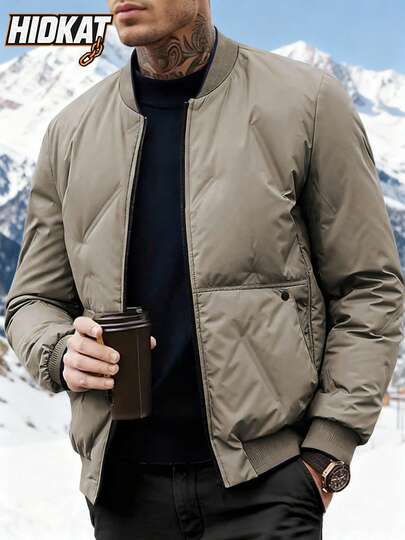 Hidkat Padded Coat, Solid Color Baseball Collar Zip-Up Casual Jacket For Men Thick Winter Essential Boyfriend Goingout Camping Sporty Vintage Vacation Casual Outfits Classical Old Money Trip
