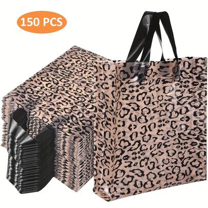 150pcs Leopard Print Shopping Bags With Handles - 11.81"X14.57"X3.15" Premium Boutique Gift Bags Bulk, Large Brown Reusable Plastic Bags For Retail Stores, Parties, Small Business