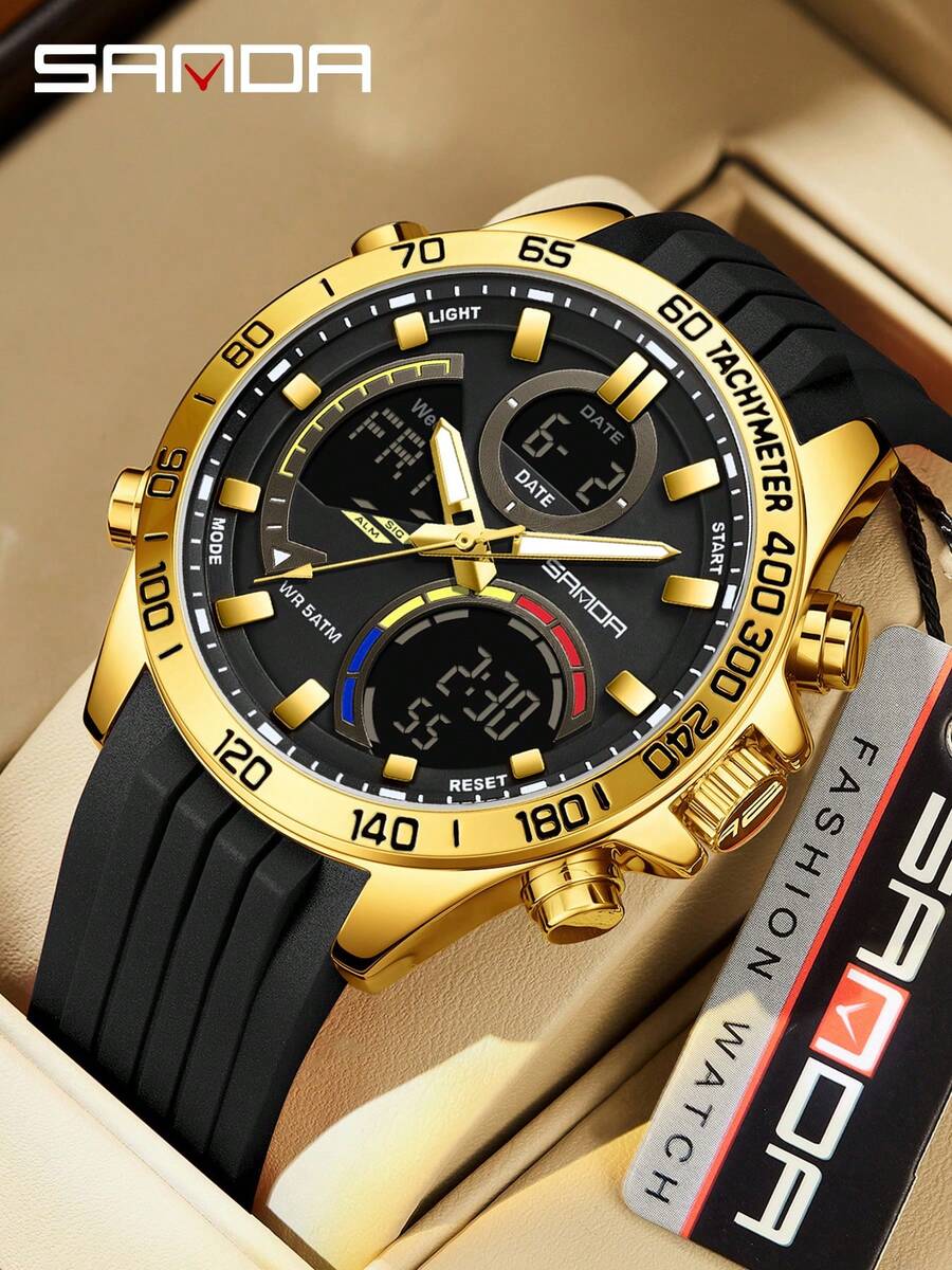 Reloj de moda para hombres Sanda 6269 electrónico, resistente al agua, con alarma y multifunción, con correa de acero - Dorado - Ver 1