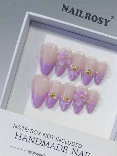 10 Unhas Postiças Acrílicas Artesanais em Formato Amêndoa, Roxas, Brancas e Transparentes, com Design Floral 3D, Perfeitas para Casamento, Aniversário e Festas (Estilo Y2K) - Estilo Francês Fofo