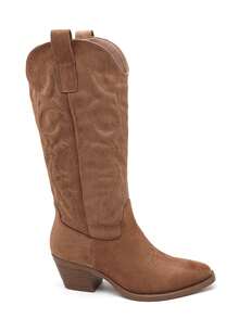 Bottes Cowboy Hautes Femme Suédine Broderies | Talon Western Classique | Style Bohème - Camel - View 2