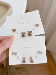 3 对/6 对可爱熊和兔子女士耳环，植绒简约个性化泰迪熊和兔子耳钉（卡片随机发货） - 彩色 - 查看 6