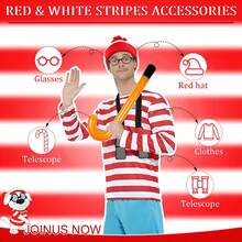 Conjunto de 5 piezas de disfraz de Wally para adultos, accesorios de disfraz y cosplay que incluyen camiseta a rayas rojas y blancas, gorro, gafas sin marco y muletas para el Día Mundial del Libro, Halloween y Navidad