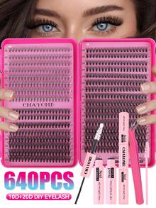 640 件 D 卷曲单根睫毛簇大容量 10D+20D/30D+40D+50D，常规睫毛 12-16 毫米 DIY 睫毛簇套装自然外观、超浓密、纤细、超柔软、超轻可重复使用单段假睫毛睫毛延长套装带化妆工具睫毛。 - 粉色 - 查看 4