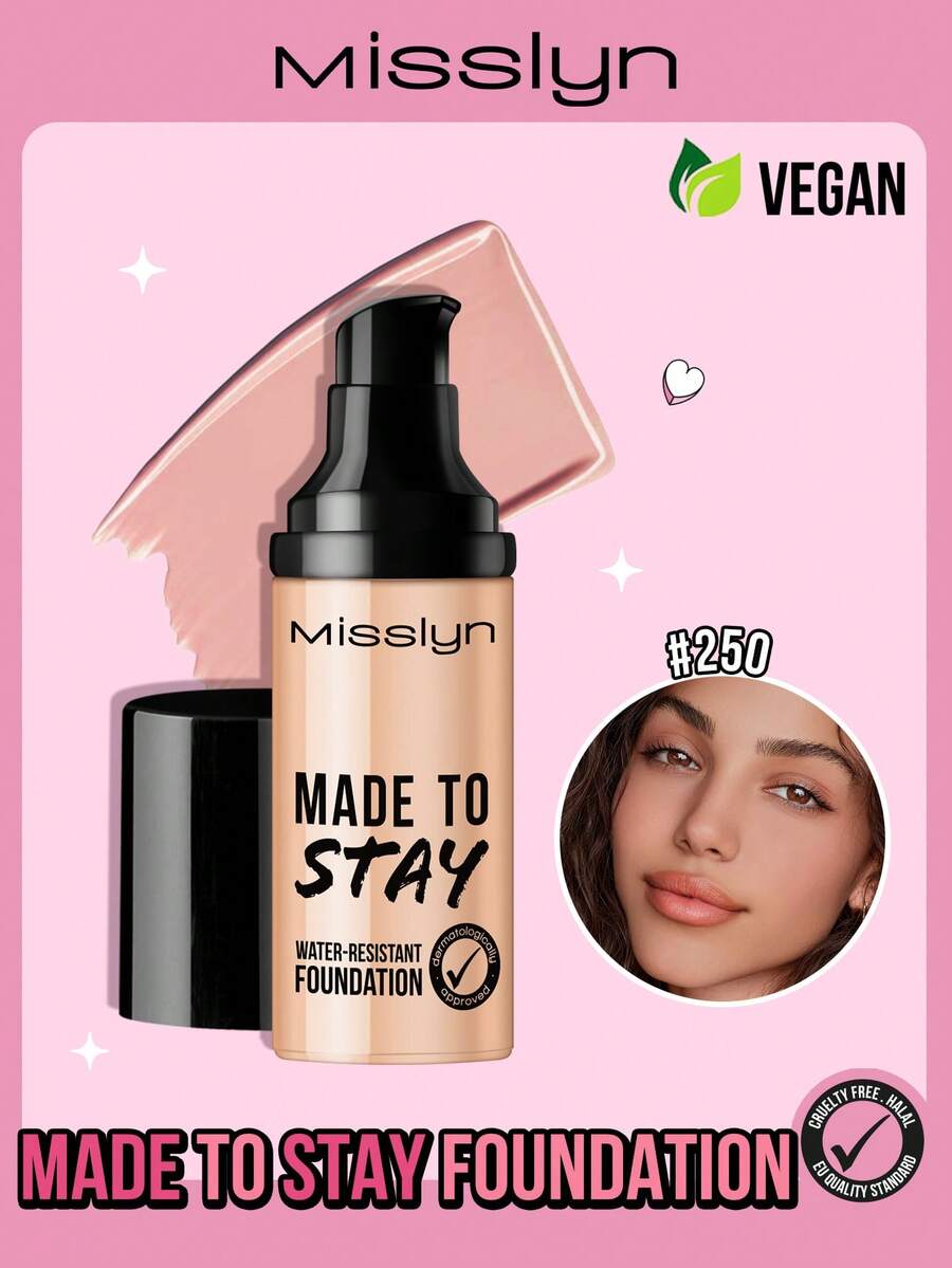 Misslyn Long-Lasting Waterproof Foundation, Evens Skin Tone, Waterproof, Smudge-Proof, Smooth Texture, High Coverage, Nourishing, Y2K Style Makeup, Suitable For Parties, Beaches, Travels, Vacations, Camping, Outdoor Activities, Rose Tones, Fashionable Girl New Year Makeup, Ideal For Role Play, Holiday Looks, Campus Charm, Spring Festival, Valentine's Day Gifts, Vegan, Cruelty-Free, Winter Essential, Birthday, Christmas Gifts, Party Must-Have, Best Color