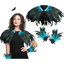 2 Pcs Mardi Gras Women Feather Shrug Cape Shawl Gothic Feather Cuffs Carnival Cosplay Witch Costume Accessorieshalloween - 藍色 - 查看 10