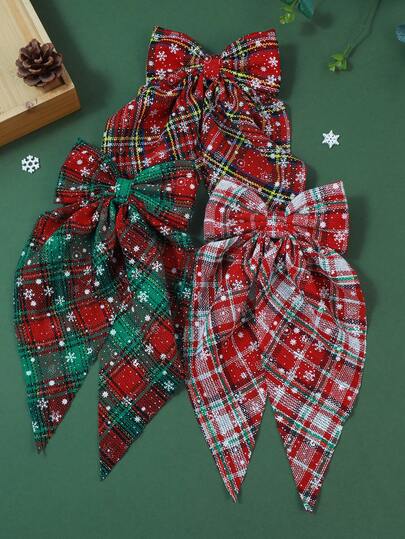 1/3 Pcs Girls Xmas Large Hair Bows, Cute Snowflake Printed Plaid Oversized With Long Tail Bowknot Hair Clip Hairpins, Colorful Checkered Textured Bow Hair Barrette Hair Accessories For Thanksgiving Day Christmas New Year's Day Festival Parties And Gifts Options