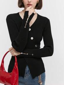 Women's Solid Color Button-Up Fitted Long Sleeve Knit Top - Black - View 5