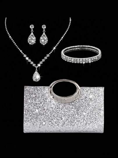 4pcs Women's Fashion Versatile Crystal Decorated Handbag, Clutch, Necklace, Earrings, Bracelet Set For Party