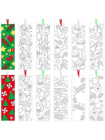 24 st. julbokmärken att måla med, innehållande 12 julmönster - jul, nyår, alla hjärtans dag, påsk, födelsedag, bröllop - med hjärta, blomma, djur, pepparkaka, snögubbe, pingvin, ren, ballong, cupcake, tårtmönster
