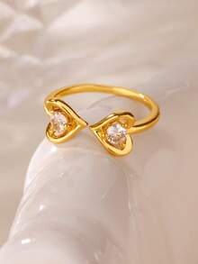 Two Heart Stainless Steel Rings With Cubic Zirconia 18K Gold-Plated Adjustable Open Ring For Women Romantic Golden Wedding Memorial Jewelry Holiday Accessories Mother's Day, Valentine's Day Gifts