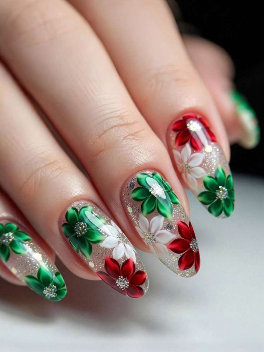 24 piezas de uñas postizas ovaladas con degradado de rojo, blanco y verde, flores minimalistas, incluye 1 lima de uñas y 1 adhesivo de pegamento para uñas, kit de uñas para regalo de niñas y mujeres para fiestas, citas y uso diario