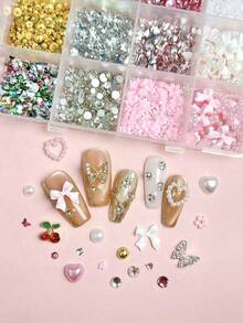 1 Hộp hỗn hợp ngẫu nhiên các loại phụ kiện trang trí móng tay hình trái tim và nơ đính ngọc trai ABS, hình bướm 3D bằng hợp kim và quả anh đào đính đá, hình dáng bất đối xứng, phụ kiện làm móng phong cách Y2K, đồ dùng làm móng DIY - Nhiều màu - Xem 5
