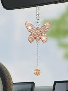 1pc Car Interior Pendant Full Diamond Shining Butterfly Car Rearview Mirror Decoration Car Interior Pendant Women's Car Accessories