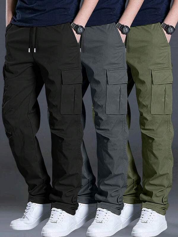 Set de 3 pantalones deportivos casuales de ajuste holgado y bloques de color para hombres, estilo de calle atlético, joggers, adecuados para actividades al aire libre, viajes diarios, fitness, correr, verano, pierna recta