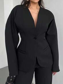 Bộ đồ nữ 2 mảnh màu trơn, thanh lịch, có túi trước và cài cúc, thích hợp mặc công sở mùa xuân/thu. - màu đen - Xem 6