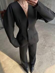 Bộ đồ nữ 2 mảnh màu trơn, thanh lịch, có túi trước và cài cúc, thích hợp mặc công sở mùa xuân/thu. - màu đen - Xem 3