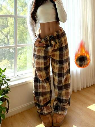 Pantalones casuales anchos de cintura alta, vintage, a cuadros, gruesos y cálidos, adecuados para otoño/invierno, esponjosos y acogedores