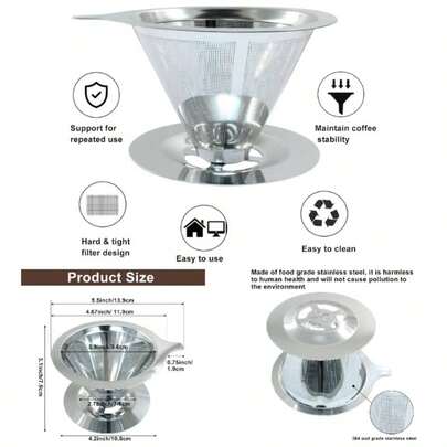 Pour Over Coffee Dripper, Slow Drip Paperless Coffee, Stainless Steel Pour Over Coffee Maker 1 - 2 Cups Brew, Double Mesh Design Of Manual Reusable Cone