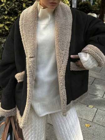 1 Stück Damen Vintage Kragen Loose Fake Fur Wollemischung Jacke