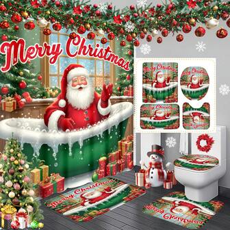 1 قطعة/4 قطع مجموعة ستارة حمام بابا نويل، تتميز بصور بابا نويل وحوض الاستحمام وصندوق هدايا وشجرة عيد الميلاد وبلورات الثلج وعبارة "عيد ميلاد سعيد"، ديكور منزلي أنيق للحمام في فصل الشتاء، تشمل 12 خطاف، سجادة حمام مانعة للانزلاق، غطاء مرحاض على شكل حرف U، غطاء مرحاض، مجموعة ديكور حمام