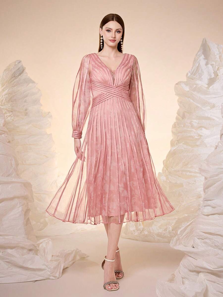 Mgiacy,New Arrival,V-Neck, Printed Mesh, Drawstring, Lantern Sleeves, Large Hem, High-End, Evening Dress,For,Dinner Parties - Pink - View 1