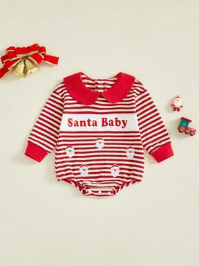 Baby Girl Christmas Striped Romper Long Sleeve Doll Collar Santa Claus Letter Embroidery Romper