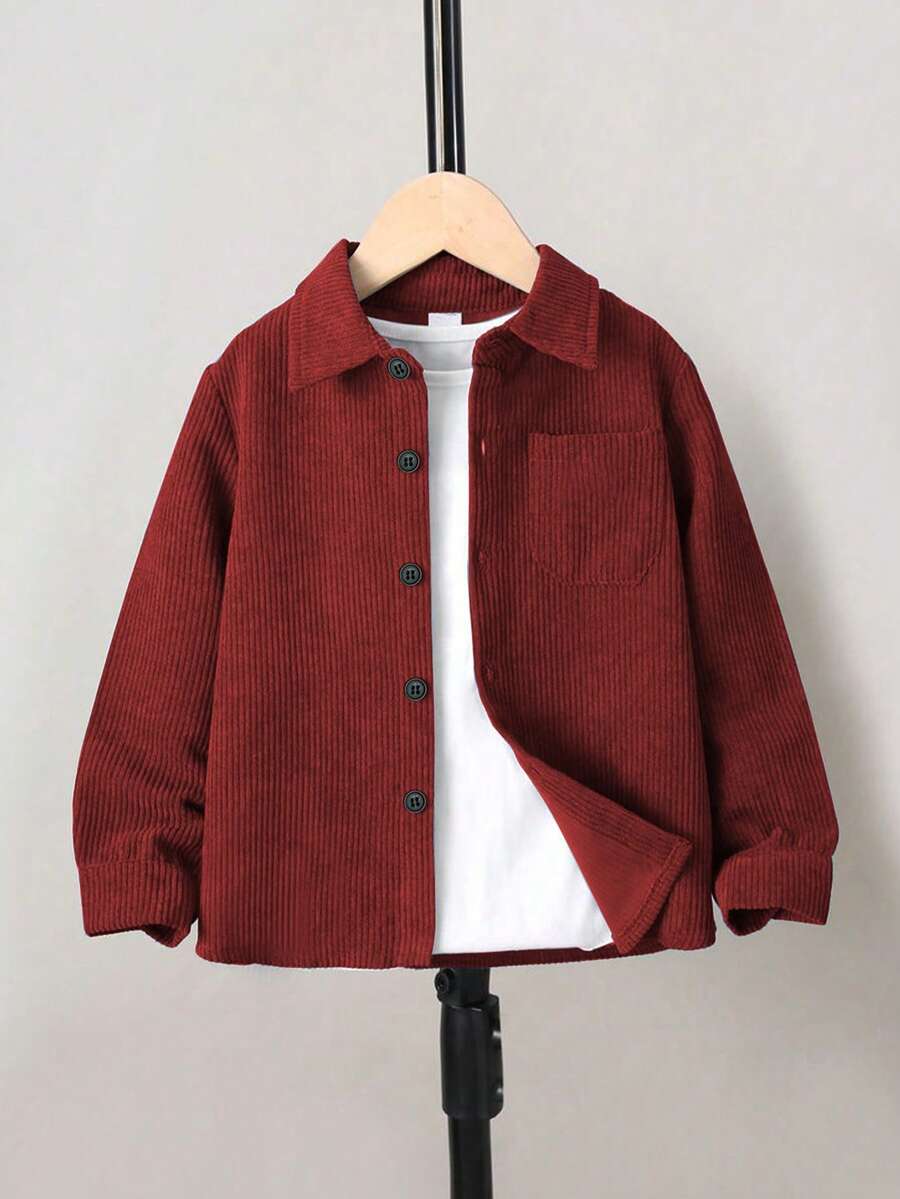小男孩休闲复古简约红色长袖衬衫 - 紅色 - 查看 1