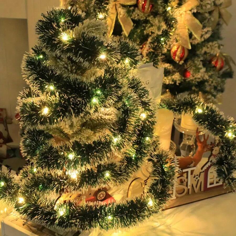 20个LED圣诞藤蔓灯，适用于楼梯、栏杆、壁炉架和门框装饰，室内办公室节日装饰，无羽毛，塑料材质，壁挂式，圣诞装饰品