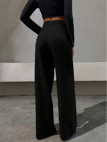 High Waisted Wide Leg Trousers For Women Casual Long Pants With Pockets And Functional Zipper Fly Slight Stretch Fabric - Black - View 2