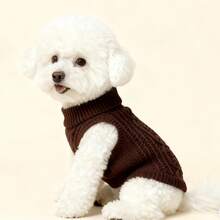 Suéter para animais de estimação, cor café, em tricô trançado, ideal para cães e gatos de pequeno e médio porte. Design minimalista, perfeito para o outono e inverno. Ideal para poodles, teddy bear e para o Ano Novo. - Castanho Café - Ver 7