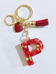 26 Choices Red Epoxy First Initial Letter Keychain, Cute Heart Tassel Keychain, Fashion Bag Accessory Wallet Charm Pendant, Party Favors, Suitable As Gifts For Friends - Beige - View 10