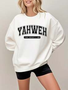 Women's Autumn Sweatshirt, Christian Sweatshirt - White Background With Black Lettering, Featuring Striking Bible Verses "I Am Great" And "I Am Loved, I Deserve, I Am Strong." Casual Crew Neck Pullover, Suitable For All Seasons, Faith-Themed Casual Wear And Christian Gifts, Women's Autumn Sweater, Women's Fashionable Sweatshirt. Women's Crew Neck Printed Sweatshirt. - trắng - Xem 4