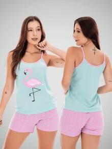 Women's Silk Print Short Doll Pajamas With Comfortable Straps - 乾枯玫瑰色 - 查看 6