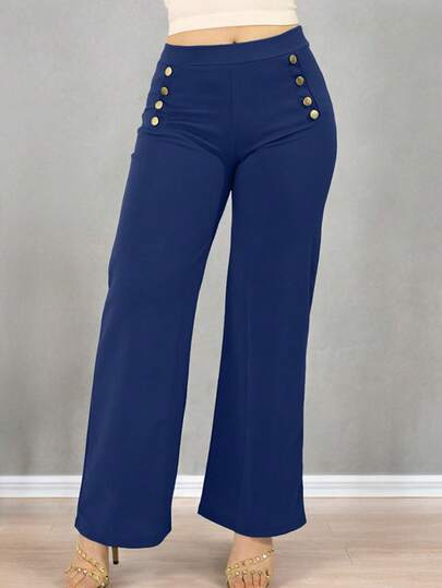 Kass Urban Pantalones De Vestir Casual Elegante y Formal Ajuste Cómodo Estrech Y Flexible, Pantalones anchos de cintura alta y botones dorados
