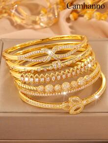 Camhanno 5/1 件迷人时尚 - 前卫铜手链套装，饰有复杂多样的图案细节，增添现代感，为您的外观带来活力，非常适合派对和聚会场景，展现活泼的氛围 - 金色 - 查看 17