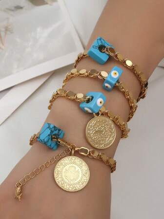 1 pieza Collar con colgante de moneda de piedra natural chapada en cobre vintage, pulsera con cadena, hecho a mano, adecuado para uso diario de mujeres, regalo para vacaciones