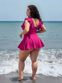 Swim Lushoire 夏季两件套大码女式优雅纯色系腰褶皱分体泳衣套装，迷人休闲，适合度假 - 玫紅色 - 查看 2