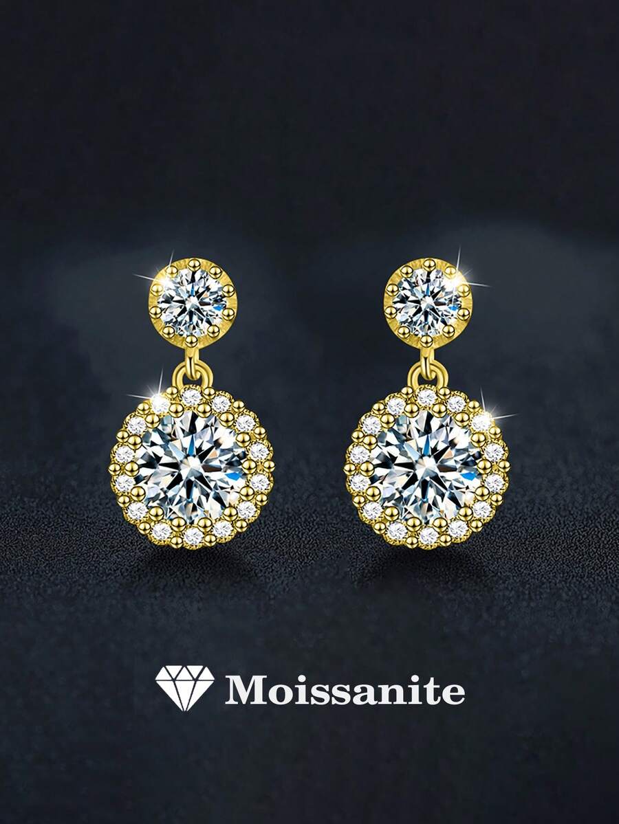 2 piezas 2ct Pendientes de botón de plata de ley 925 con moissanita de lujo, adecuados para uso diario, viajes, fiestas, vacaciones, cumpleaños, Año Nuevo, Día de la Madre, aniversario de boda, regalo de joyería para mujeres - Amarillo Oro - Ver 1