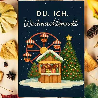 1 cartão de felicitações de mercado de Natal alemão com roda gigante e estábulo de vinho quente - céu noturno azul escuro, flocos de neve e frase em alemão - cartão de Natal europeu para amigos, familiares e estudantes de alemão (papel) - ideal para qualquer pessoa (com envelope + cartão de felicitações) (11 cm x 16 cm) Cartão de presente de Natal "Um presente adequado para todos"